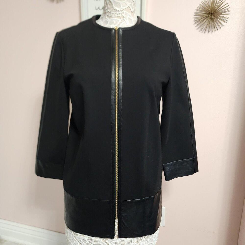 LKNW Ming Wang Black pointe w faux leather detail jacket blazer long XS